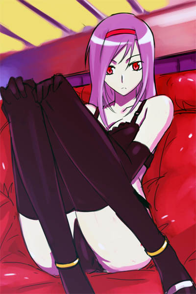 michael f91, bra, elbow gloves, gloves, hairband, lingerie, purple hair, red eyes, solo, thighhighs, underwear