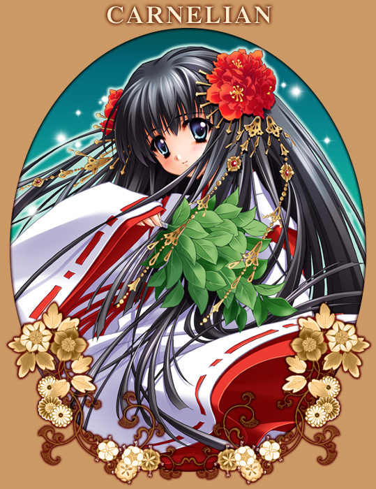 carnelian, 1girl, black hair, blue eyes, camellia, female focus, flower, hair flower, hair ornament, japanese clothes, jewelry, kimono, leaf, long hair, miko, ribbon-trimmed sleeves, ribbon trim, solo, very long hair