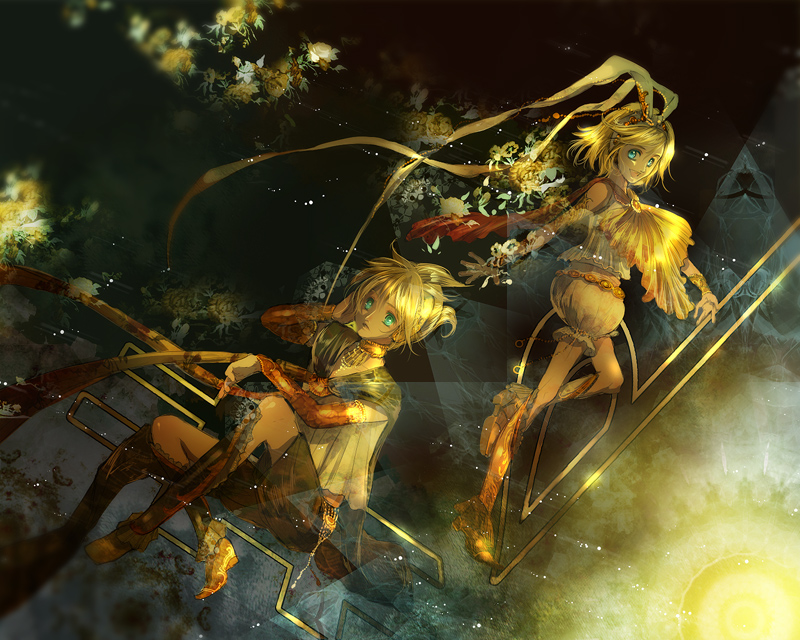 yuu (arcadia), kagamine len, kagamine rin, vocaloid, bad id, bad pixiv id, 1boy, 1girl, abstract, aqua eyes, blonde hair, blue eyes, brother and sister, cape, choker, green eyes, hair ribbon, ribbon, short hair, siblings, smile, twins