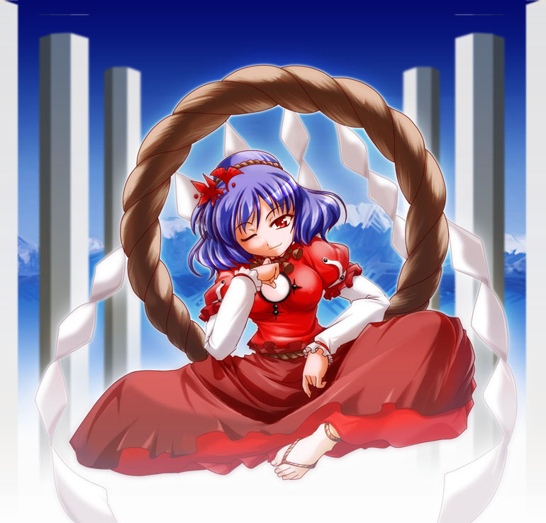 hisame genta, yasaka kanako, touhou, 1girl, female focus, hair ornament, indian style, leaf, leaf hair ornament, leaf on head, mirror, object on head, onbashira, one eye closed, purple hair, red eyes, rope, shimenawa, sitting, solo