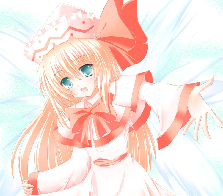 shirotsuki kouta, lily white, touhou, 1girl, :d, blonde hair, bow, bowtie, capelet, female focus, green eyes, hat, long sleeves, looking at viewer, open mouth, red bow, red bowtie, sidelocks, smile, solo, tate eboshi, upper body