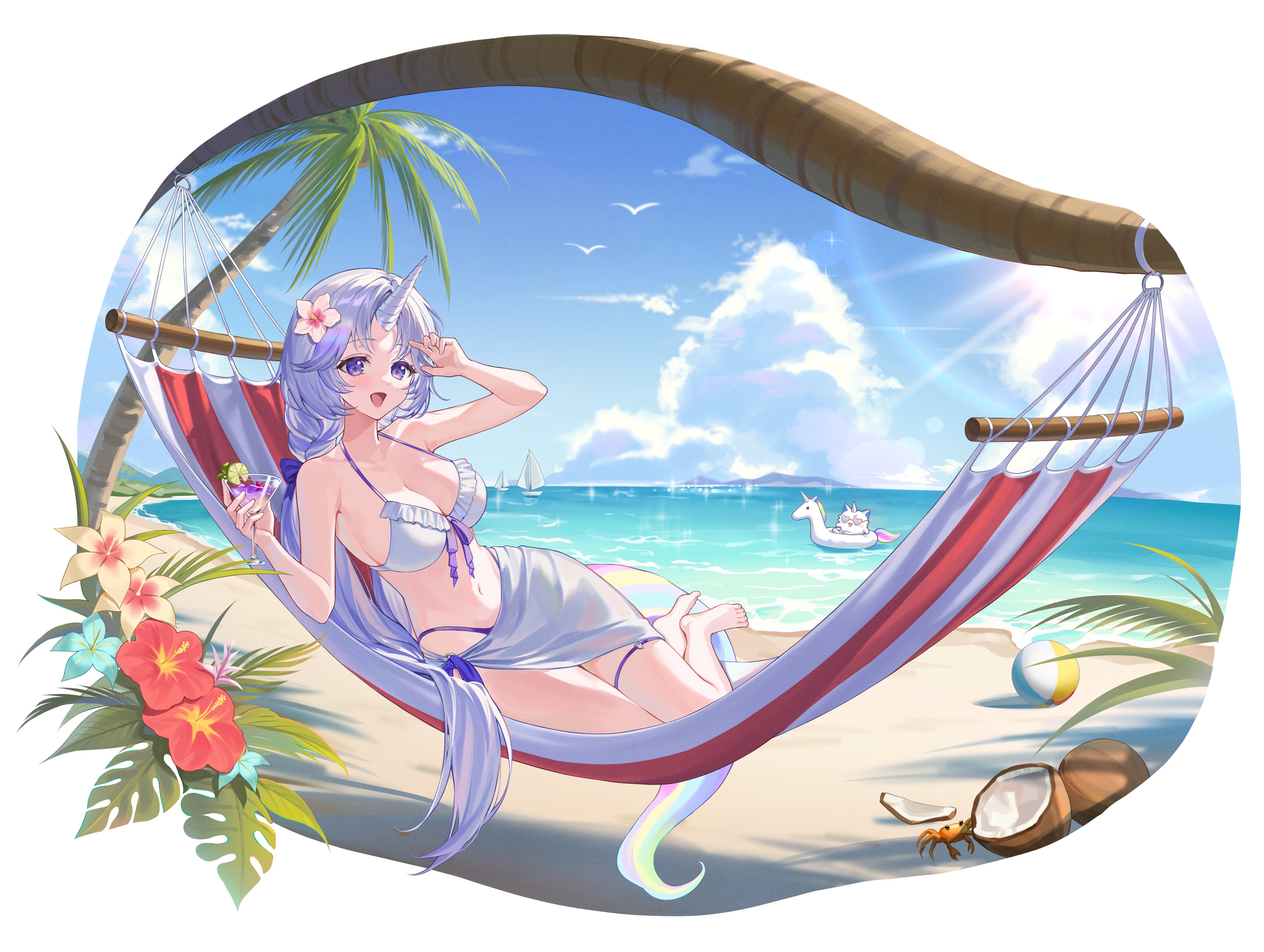 mond sl, ayatsuno yuni, stellive, absurdres, commentary, highres, symbol-only commentary, 1girl, aqua flower, arnyang (ayatsuno yuni), ball, beach, beachball, bikini, bikini ribbon, blue sky, breasts, cleavage, cloud, cocktail, cocktail glass, coconut, cup, day, drinking glass, flower, frilled bikini, frills, grey hair, hair flower, hair ornament, hammock, hand up, holding, holding cup, horizon, innertube, large breasts, long hair, multicolored tail, navel, ocean, on hammock, open mouth, orange flower, outdoors, palm tree, purple eyes, purple ribbon, reclining, red flower, ribbon, sand, sarong, simple bird, sky, smile, solo, sparkle, stomach, sun, sunlight, swim ring, swimsuit, tail, thigh strap, tree, unicorn horn, very long hair, virtual youtuber, white bikini, white flower, white sarong