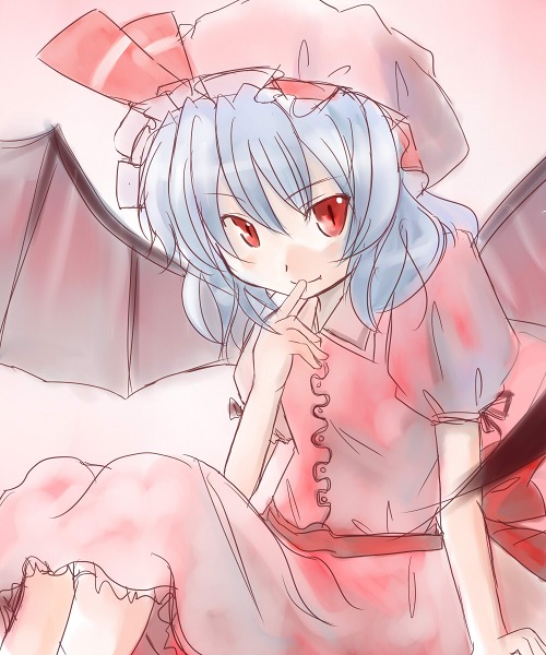 ogu, remilia scarlet, touhou, silver hair, 1girl, bat wings, blush, closed mouth, dress, female focus, finger to mouth, frills, knees up, looking at viewer, pink dress, puffy short sleeves, puffy sleeves, red eyes, short hair, short sleeves, sitting, smirk, solo, wings