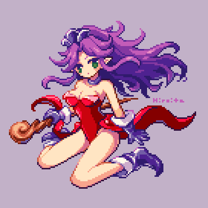 hiroita, angela (seiken densetsu 3), seiken densetsu, seiken densetsu 3, lowres, 1girl, boots, breasts, cleavage, full body, gloves, green eyes, holding, holding staff, large breasts, leotard, long hair, looking at viewer, pixel art, pointy ears, purple boots, purple gloves, purple hair, red leotard, signature, solo, staff, very long hair