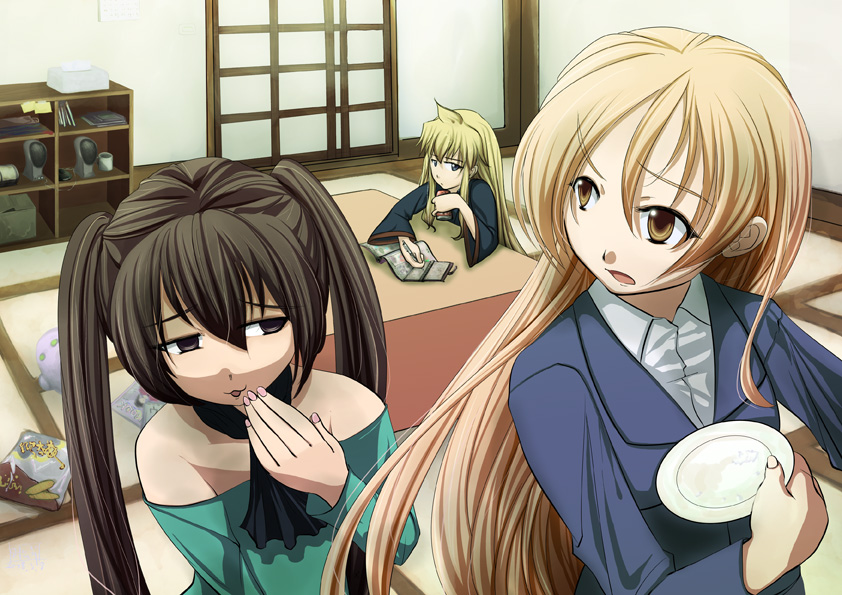 minami chiaki, minami haruka, minami kana, minami-ke, 00s, 3girls, :o, blonde hair, blue eyes, brown eyes, brown hair, evil smile, giggling, indoors, long hair, long sleeves, looking back, multiple girls, open mouth, parted lips, smile, tatami, twintails, very long hair, window