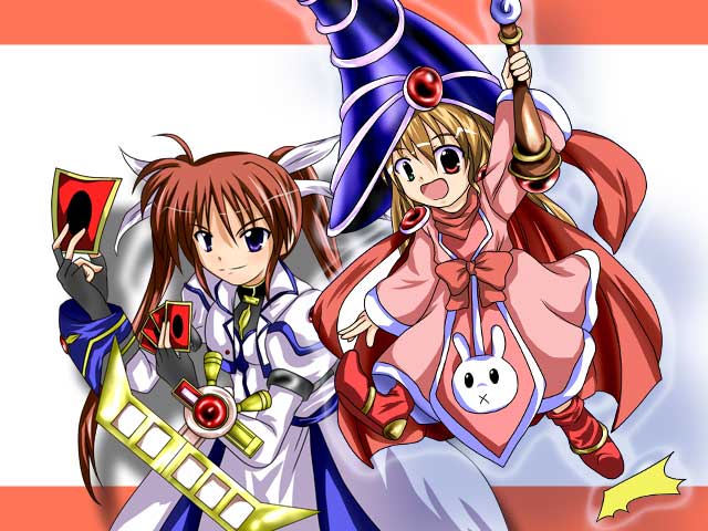 card ejector, raising heart, takamachi nanoha, vivio, lyrical nanoha, mahou shoujo lyrical nanoha, mahou shoujo lyrical nanoha strikers, yu-gi-oh!, yu-gi-oh! duel monsters, 2girls, alternate weapon, card, duel disk, duel monster, holding, holding card, multiple girls, parody, pile of cards, weapon, yu-gi-oh (card)