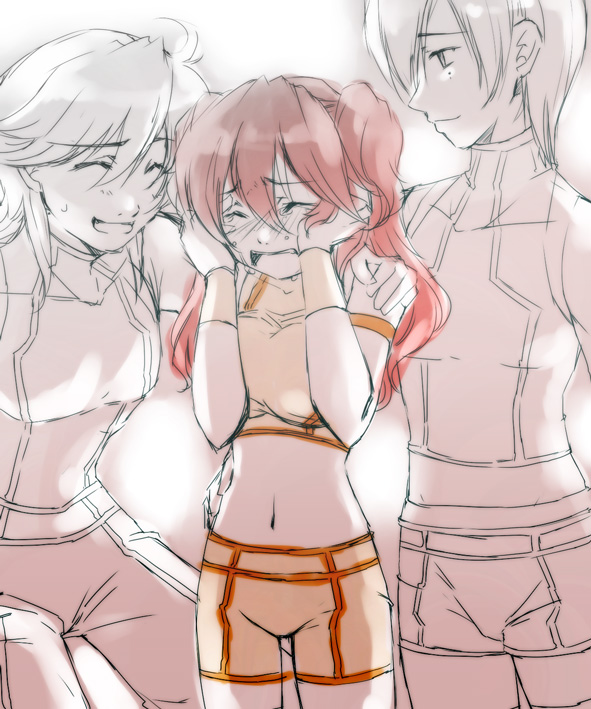 johann trinity, michael trinity, nena trinity, gundam, gundam 00, 00s, 1girl, 2boys, brother and sister, brothers, closed eyes, crying, midriff, multiple boys, red hair, siblings, tears
