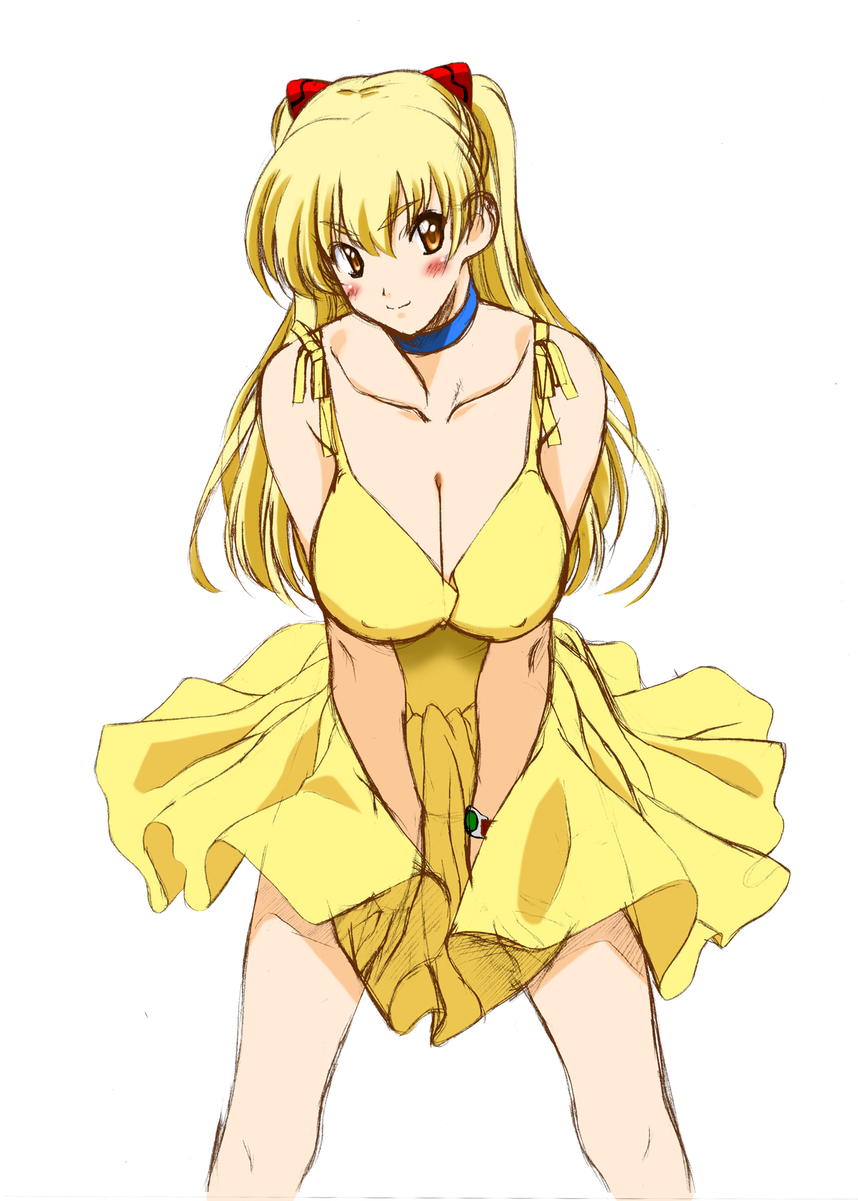 kamia (not found), matsuoka kiyone, souryuu asuka langley, neon genesis evangelion, original, bad id, bad pixiv id, highres, unfinished, 1girl, blonde hair, blush, breasts, choker, cleavage, cosplay, covered erect nipples, crossover, dress, female focus, large breasts, simple background, solo, white background, yellow dress