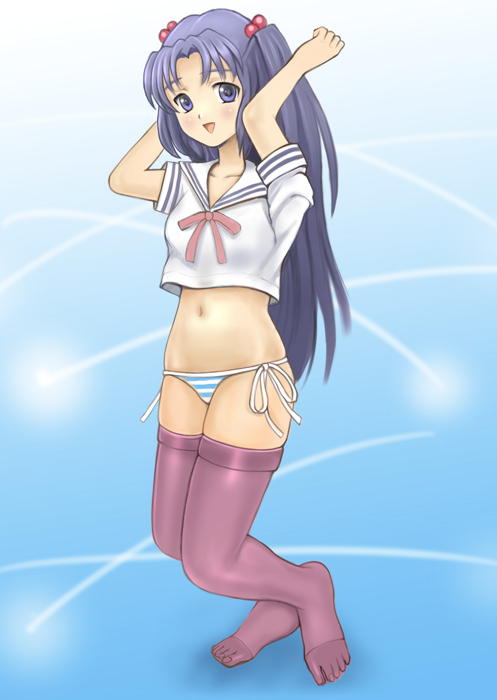 kouhei (sxmas), ichinose kotomi, clannad, 00s, 1girl, feet, female focus, hair bobbles, hair ornament, no pants, panties, side-tie panties, solo, striped clothes, striped panties, thighhighs, two side up, underwear