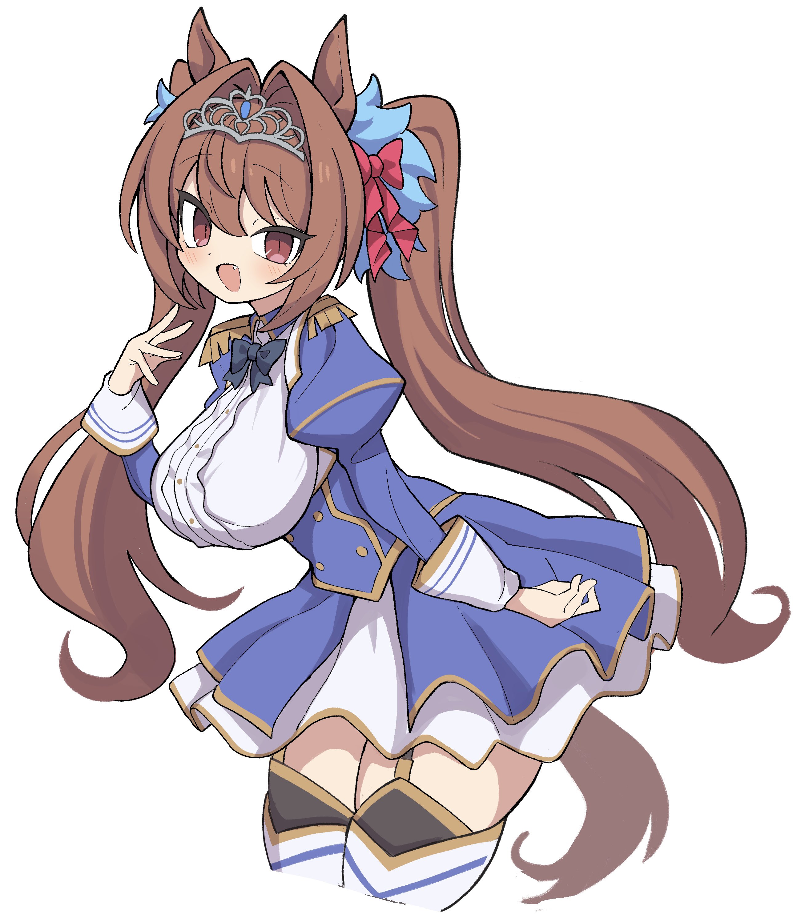 ketsu juuji killer (kejuki), daiwa scarlet (umamusume), umamusume, absurdres, highres, 1girl, :d, animal ears, blue bow, blue bowtie, blue dress, bow, bowtie, breasts, brown hair, cowboy shot, dot nose, dress, fang, frilled dress, frills, garter straps, hair intakes, hand up, horse ears, horse girl, horse tail, large breasts, leaning forward, legs together, light blush, long hair, long sleeves, looking at viewer, open mouth, red bow, red bowtie, red eyes, short dress, simple background, smile, solo, standing, straight hair, tail, thick thighs, thighhighs, thighs, tiara, tsurime, twintails, very long hair, white background, white thighhighs, zettai ryouiki
