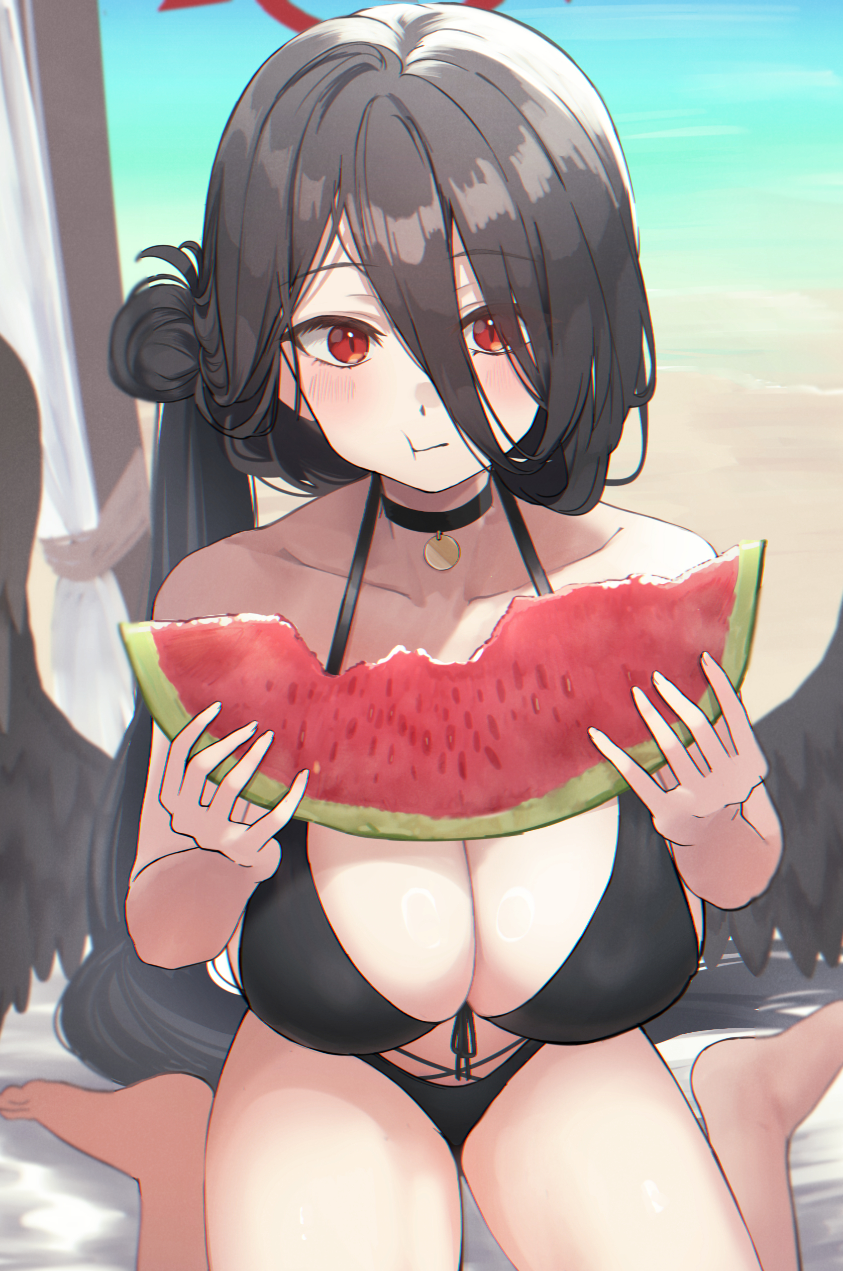shaka (staito0515), hasumi (blue archive), hasumi (swimsuit) (blue archive), blue archive, absurdres, highres, 1girl, barefoot, beach, bikini, black bikini, black choker, black hair, blush, breasts, choker, cleavage, closed mouth, collarbone, eating, food, fruit, hair between eyes, halo, holding, holding food, holding fruit, holding watermelon, huge breasts, long hair, looking at viewer, official alternate costume, red eyes, red halo, sitting, solo, swimsuit, wariza, watermelon