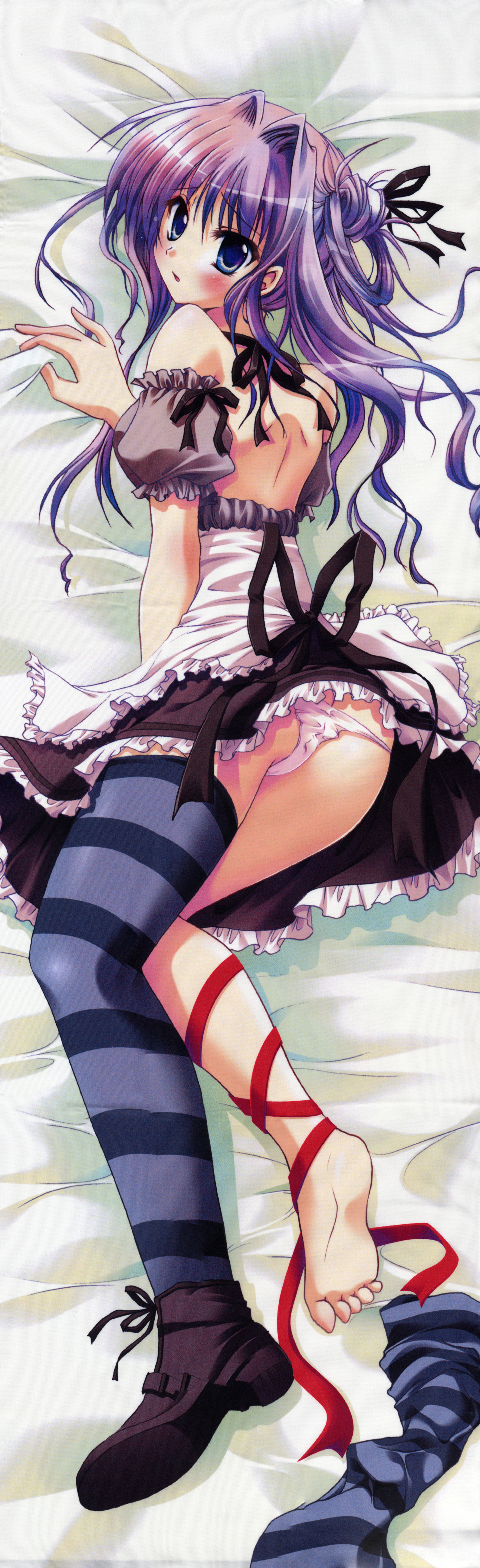 izumi tsubasu, absurdres, highres, long image, scan, tall image, 1girl, asymmetrical clothes, barefoot, bed, feet, female focus, panties, purple hair, shoes, single shoe, single thighhigh, soles, solo, striped clothes, striped thighhighs, thighhighs, toes, underwear