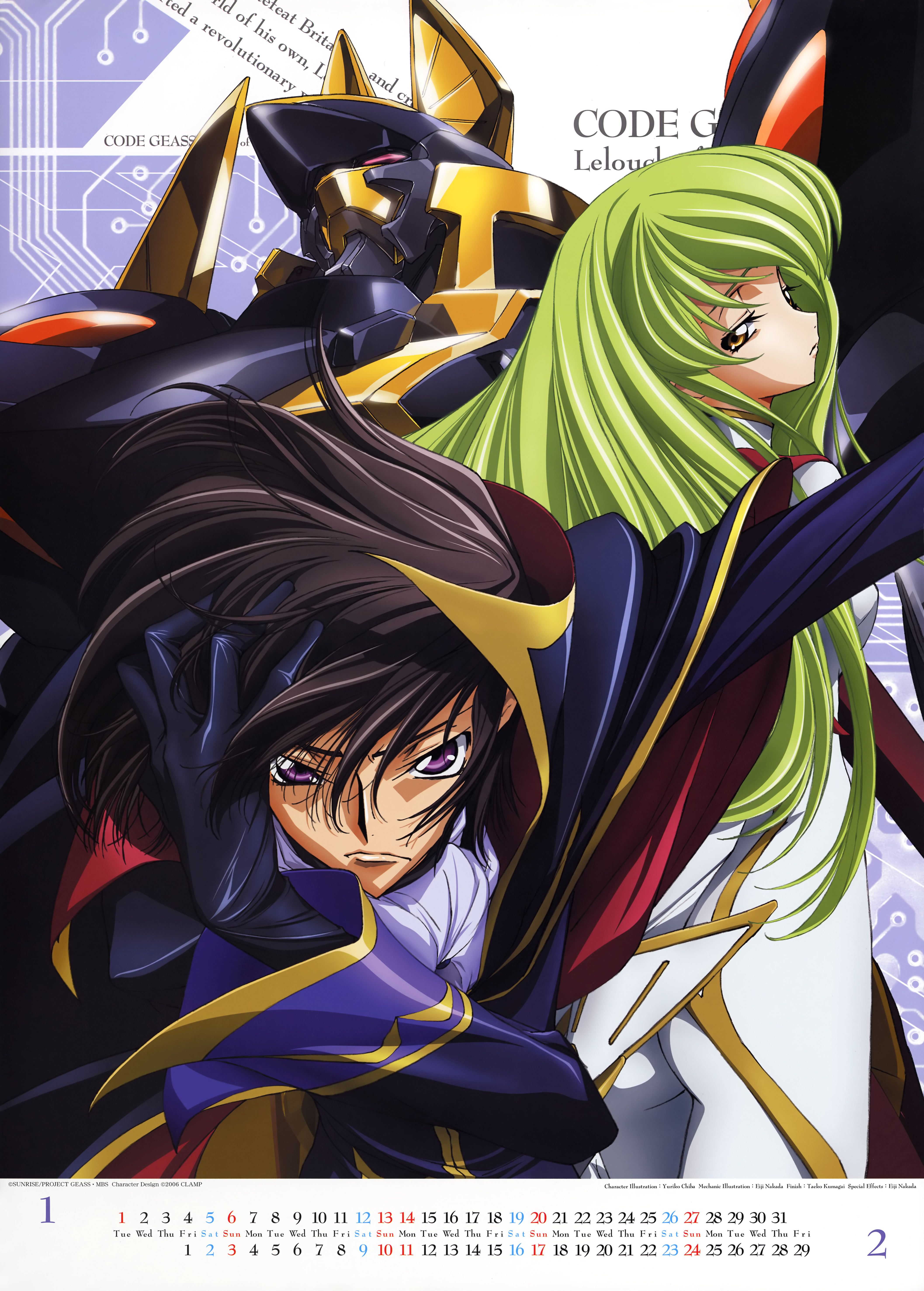 chiba yuriko, nakata eiji, c.c., gawain (code geass), lelouch vi britannia, code geass, absurdres, highres, scan, 00s, 1boy, 1girl, black hair, cape, gloves, green hair, long hair, mecha, purple eyes, robot, yellow eyes