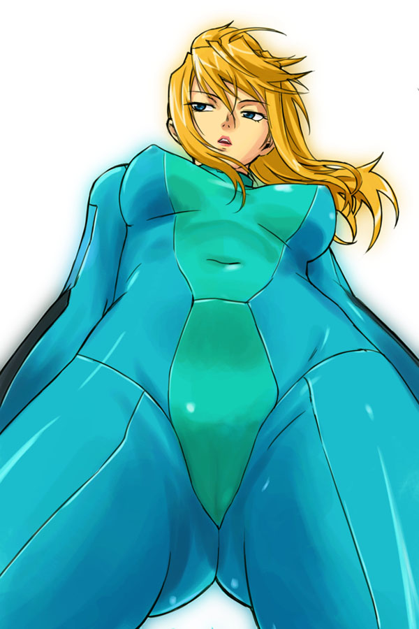 michael f91, samus aran, metroid, nintendo, 1girl, ass, blonde hair, blue bodysuit, blue eyes, bodysuit, breasts, cameltoe, female focus, from below, large breasts, lipstick, makeup, navel, nipples, ponytail, solo, zero suit