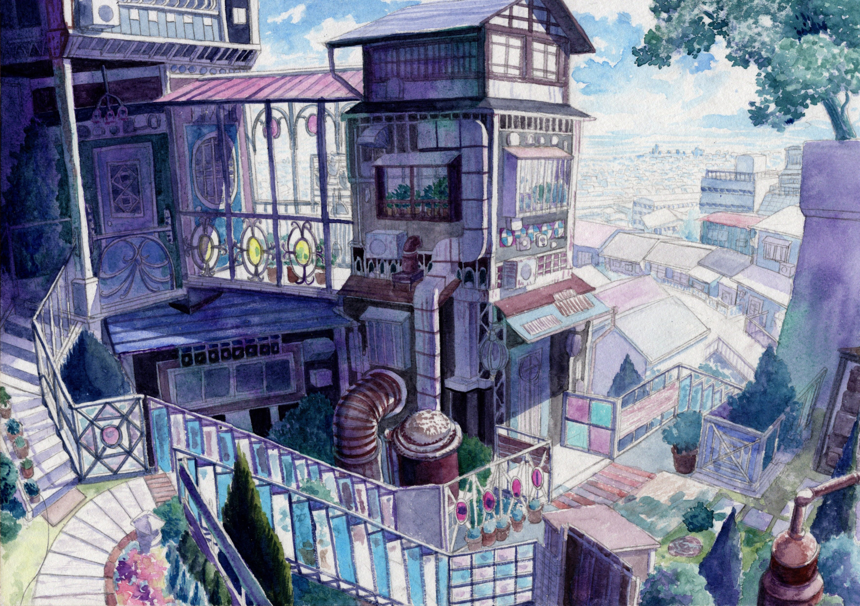 kyuui, original, highres, painting (medium), traditional media, watercolor (medium), air conditioner, balcony, blue sky, building, chimney, city, cityscape, cloud, day, door, flower, house, industrial pipe, no humans, outdoors, plant, potted plant, railing, rooftop, scenery, shop, sky, stairs, tree, window