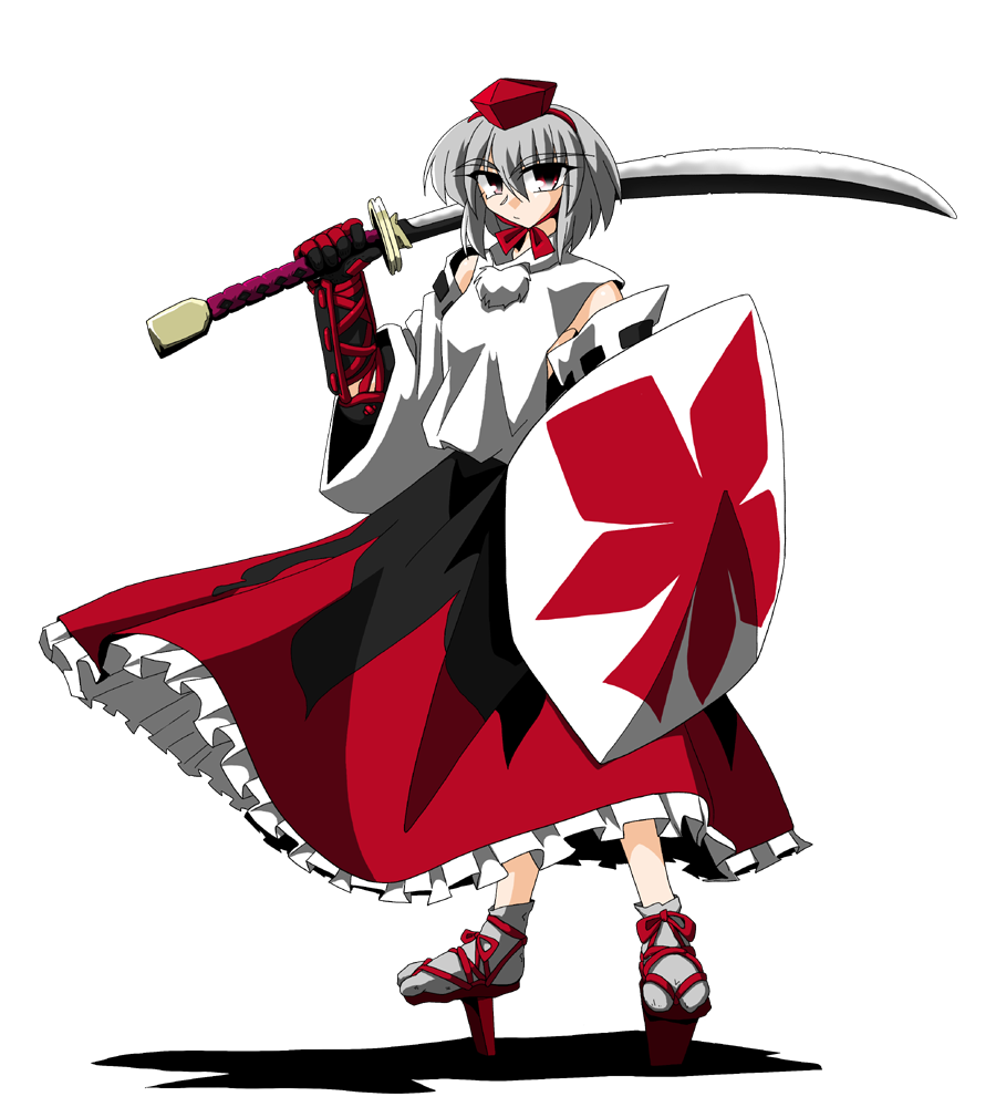 kieyza, kiezya, inubashiri momiji, touhou, 1girl, female focus, geta, long skirt, shield, skirt, solo, sword, tengu-geta, weapon