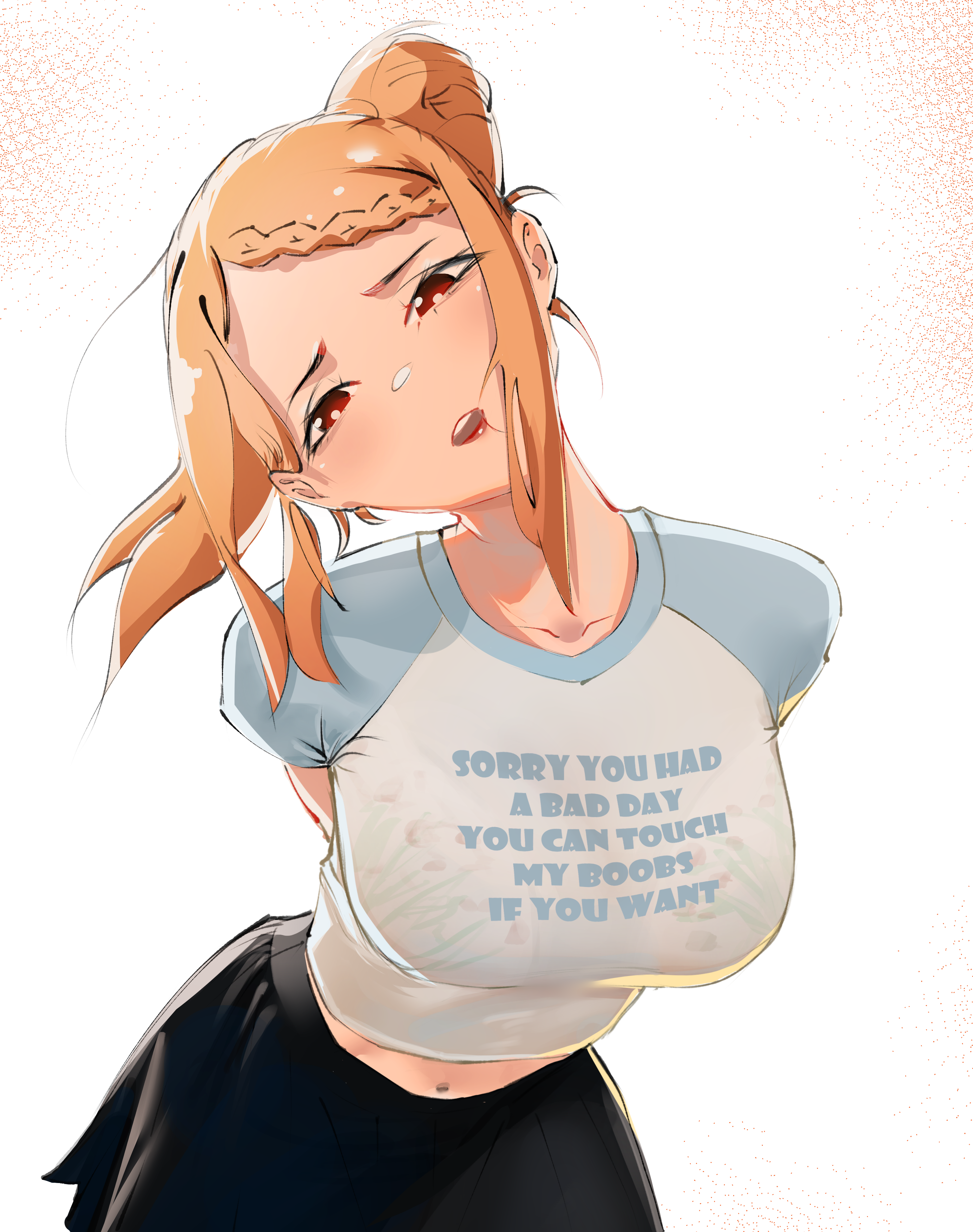 babywipes, priscilla barielle, re:zero kara hajimeru isekai seikatsu, absurdres, commentary, highres, 1girl, alternate costume, arms behind back, black skirt, blue sleeves, breasts, clothes writing, contemporary, cowboy shot, head tilt, large breasts, leaning forward, looking at viewer, midriff, navel, open mouth, orange hair, ponytail, red eyes, shirt, sidelocks, simple background, skirt, solo, white background, white shirt