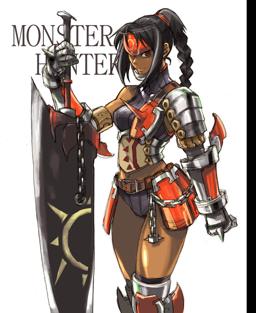 tetsu (kimuchi), kuroobi (one piece), capcom, monster hunter (series), 1girl, armor, belt, black hair, braid, chain, dark-skinned female, dark skin, female focus, gauntlets, headband, huge weapon, kuroobi (armor), red eyes, single braid, solo, sword, weapon