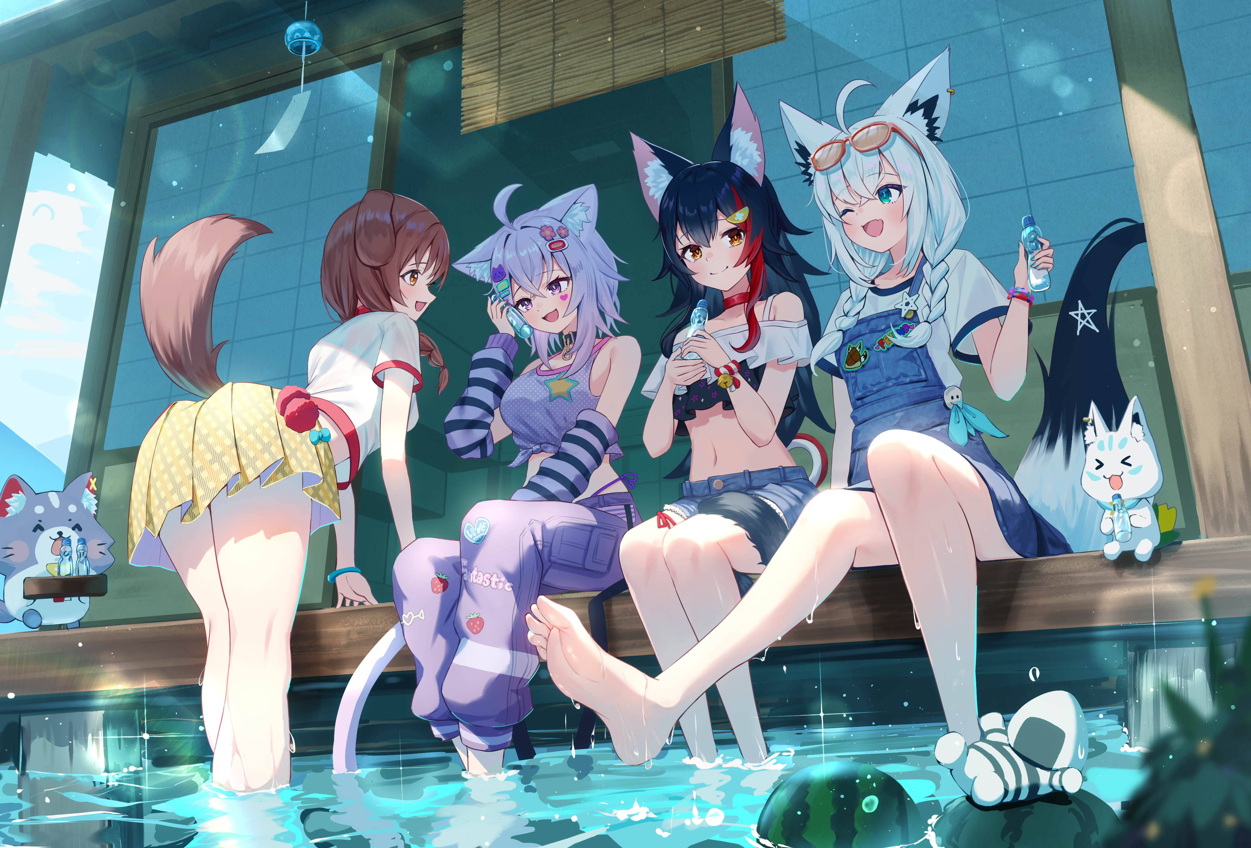 togemaru34, inugami korone, inugami korone (holonatsu paradise), miofa (ookami mio), nekomata okayu, nekomata okayu (holonatsu paradise), onigirya (nekomata okayu), ookami mio, ookami mio (holonatsu paradise), shirakami fubuki, shirakami fubuki (holonatsu paradise), sukonbu (shirakami fubuki), hololive, hololive gamers, holonatsu paradise, absurdres, commentary request, highres, 4girls, :d, ;d, ahoge, animal ears, bare legs, barefoot, black hair, blue shorts, braid, brown hair, cat ears, cat girl, cat tail, dog ears, dog girl, dog tail, eyewear on head, feet, fox ears, fox girl, fox tail, hair ornament, legs, long hair, medium hair, multicolored hair, multiple girls, one eye closed, open mouth, pants, partially submerged, purple hair, purple pants, red hair, short hair, shorts, sitting, skirt, smile, soles, standing, streaked hair, summer, sunglasses, tail, toes, twin braids, virtual youtuber, wet, white hair, wolf girl, wolf tail, yellow skirt
