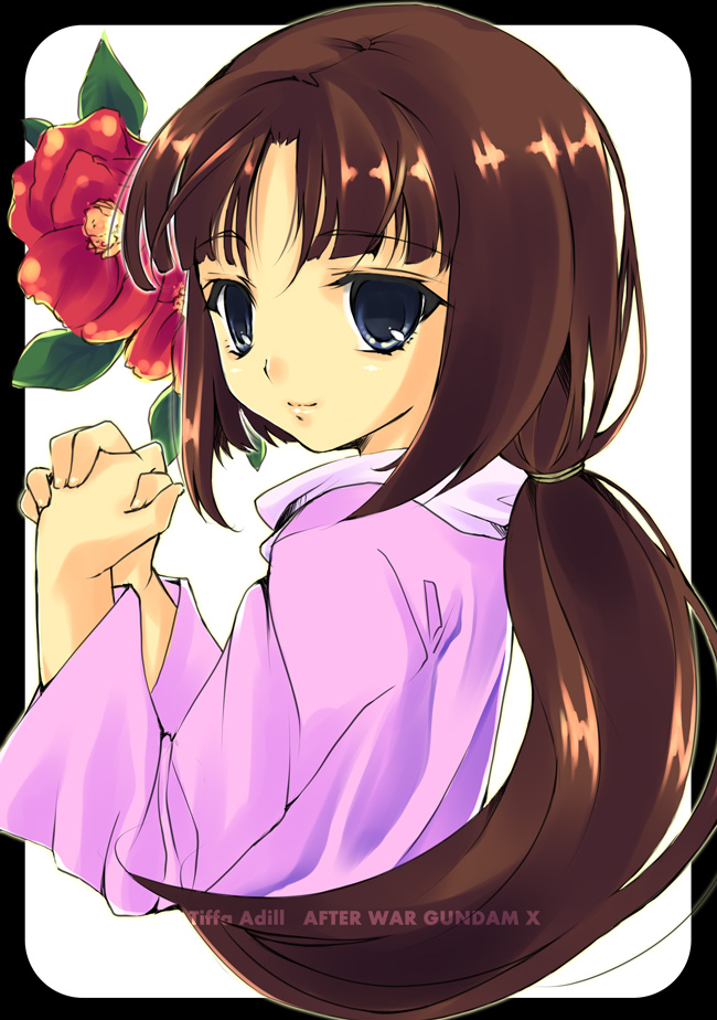 yu yu, tiffa adill, after war gundam x, gundam, 1girl, blue eyes, brown hair, dress, female focus, flower, from side, green eyes, lips, long hair, long sleeves, looking at viewer, looking to the side, own hands clasped, own hands together, ponytail, purple dress, simple background, solo, upper body, white background