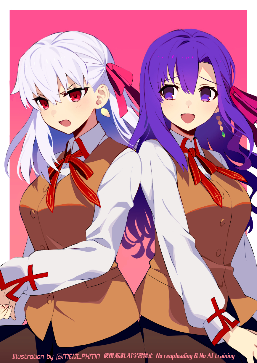 meiji ken, kama (fate), kama (teenager) (fate), parvati (fate), fate/grand order, fate (series), highres, revision, 2girls, black skirt, breasts, brown vest, cosplay, cross, cross print, earrings, hair ribbon, homurabara academy school uniform, jewelry, large breasts, long hair, long sleeves, multiple girls, neck ribbon, print ribbon, purple eyes, purple hair, red eyes, red ribbon, ribbon, school uniform, shirt, skirt, two side up, vest, white hair, white shirt