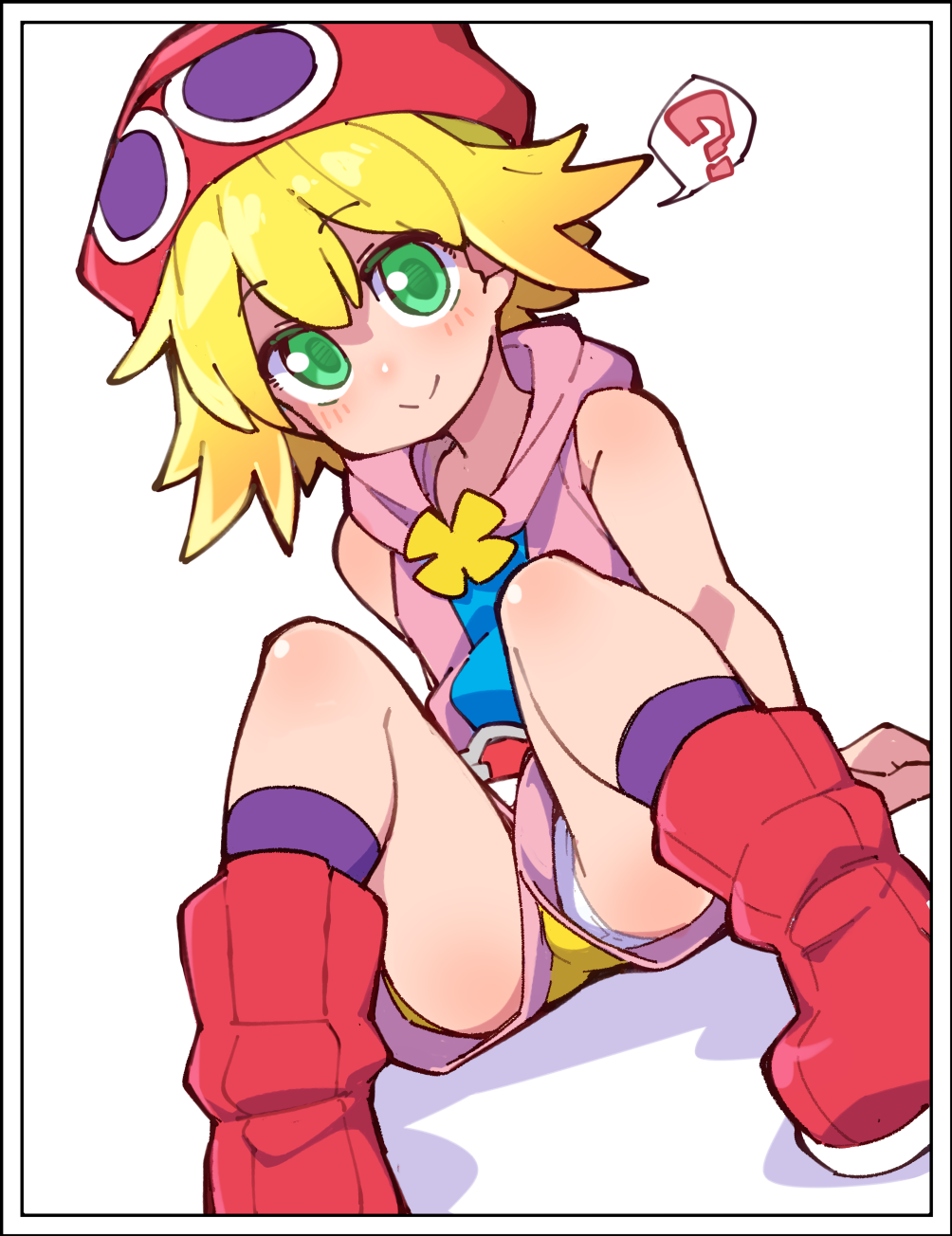 fukurou (owl222), amitie (puyopuyo), puyopuyo, puyopuyo fever, highres, 1girl, ?, arm support, beanie, blonde hair, boots, closed mouth, green eyes, hat, hooded shirt, knees up, looking at viewer, panties, panty peek, pink shirt, red boots, red hat, shirt, short hair, shorts, simple background, sitting, sleeveless, sleeveless shirt, smile, solo, spoken question mark, underwear, white background, white panties, yellow shorts