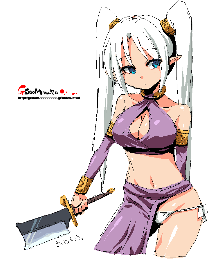 onija tarou, original, 1girl, blue eyes, breasts, cleavage, cleavage cutout, clothing cutout, criss-cross halter, female focus, halterneck, knife, large breasts, long hair, oekaki, panties, pointy ears, side-tie panties, solo, twintails, underwear, white hair