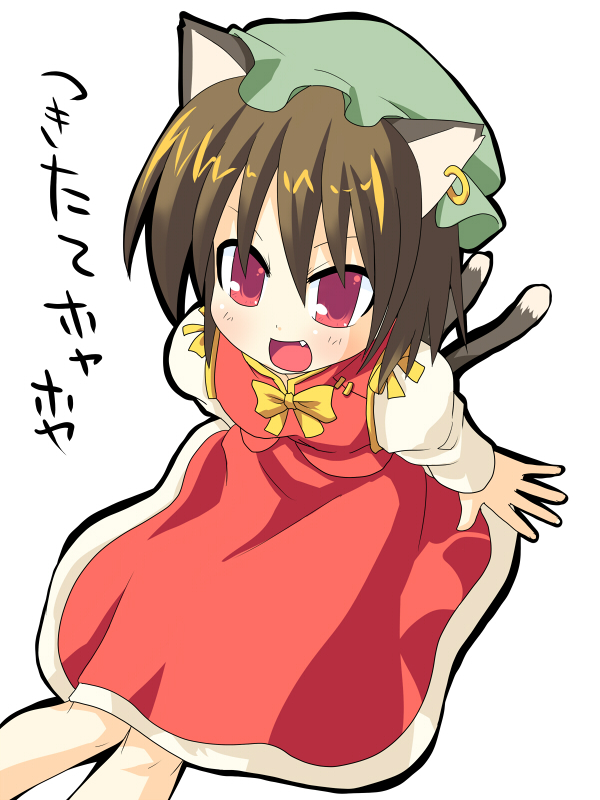 hujikok, chen, touhou, 1girl, animal ears, brown hair, cat ears, cat girl, cat tail, earrings, fang, female focus, hat, jewelry, multiple tails, red eyes, short hair, solo, tail