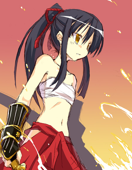 satou kibi, bushidou (sekaiju), bushidou 2 (sekaiju), atlus, etrian odyssey, 1girl, armor, chest sarashi, clothing cutout, female focus, flat chest, hakama, hakama skirt, hip vent, japanese armor, japanese clothes, kote, midriff, ponytail, red hakama, sarashi, skirt, solo