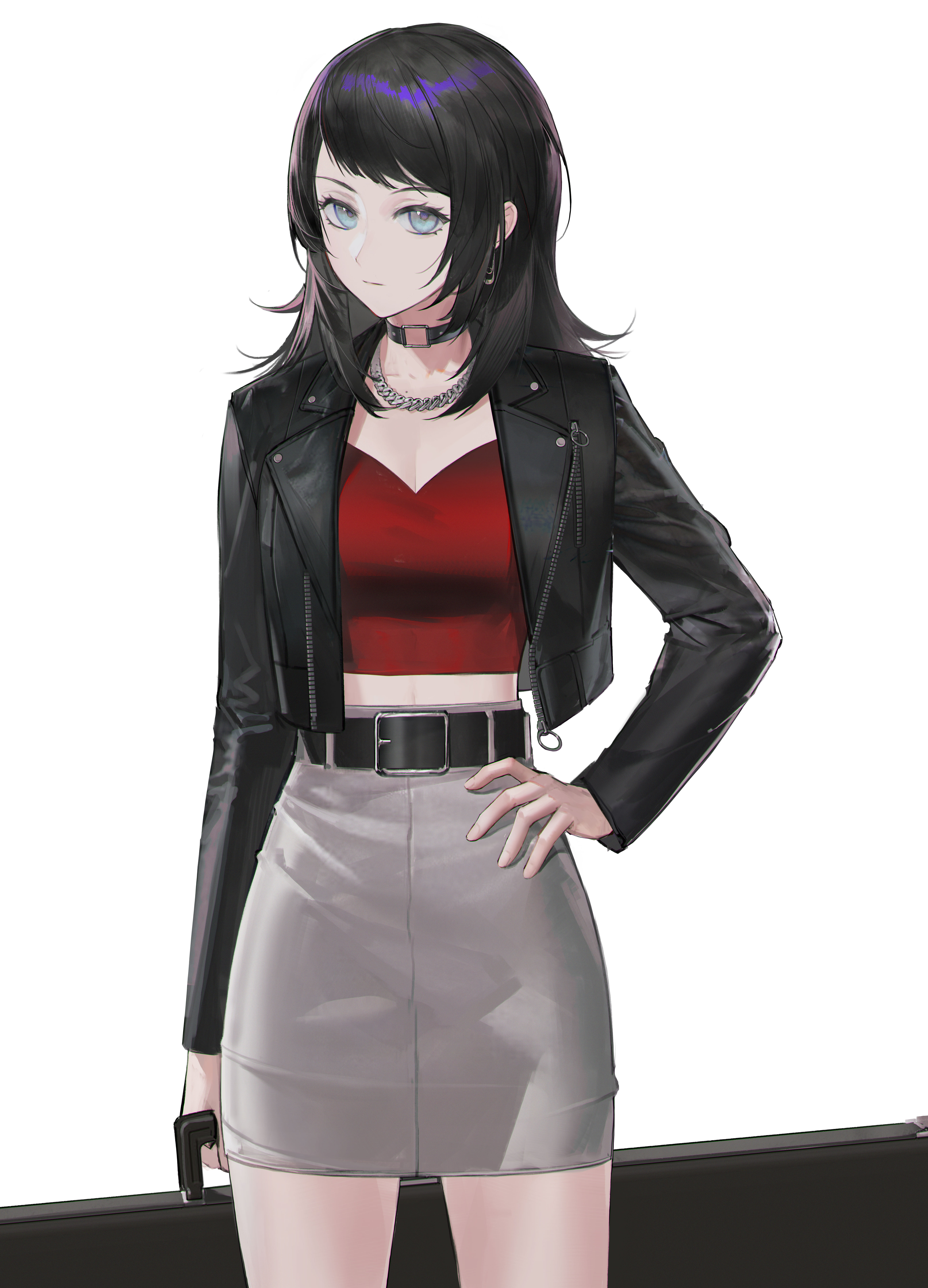 baimudafeiyu, yahata umiri, bang dream!, bang dream! it's mygo!!!!!, absurdres, highres, 1girl, belt, black belt, black choker, black hair, black jacket, blue eyes, breasts, choker, cleavage, closed mouth, cowboy shot, cropped shirt, grey skirt, hand on own hip, holding, holding case, instrument case, jacket, jewelry, leather, leather jacket, long sleeves, looking at viewer, medium breasts, medium hair, midriff, necklace, open clothes, open jacket, pencil skirt, red shirt, shirt, simple background, skirt, solo, standing, white background