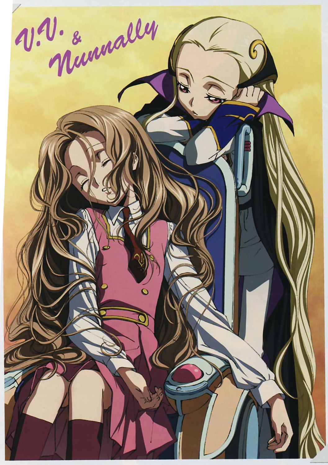 chiba yuriko, nunnally vi britannia, v.v., code geass, highres, scan, 00s, 1boy, 1girl, blonde hair, brown hair, closed eyes, long hair, trap, very long hair