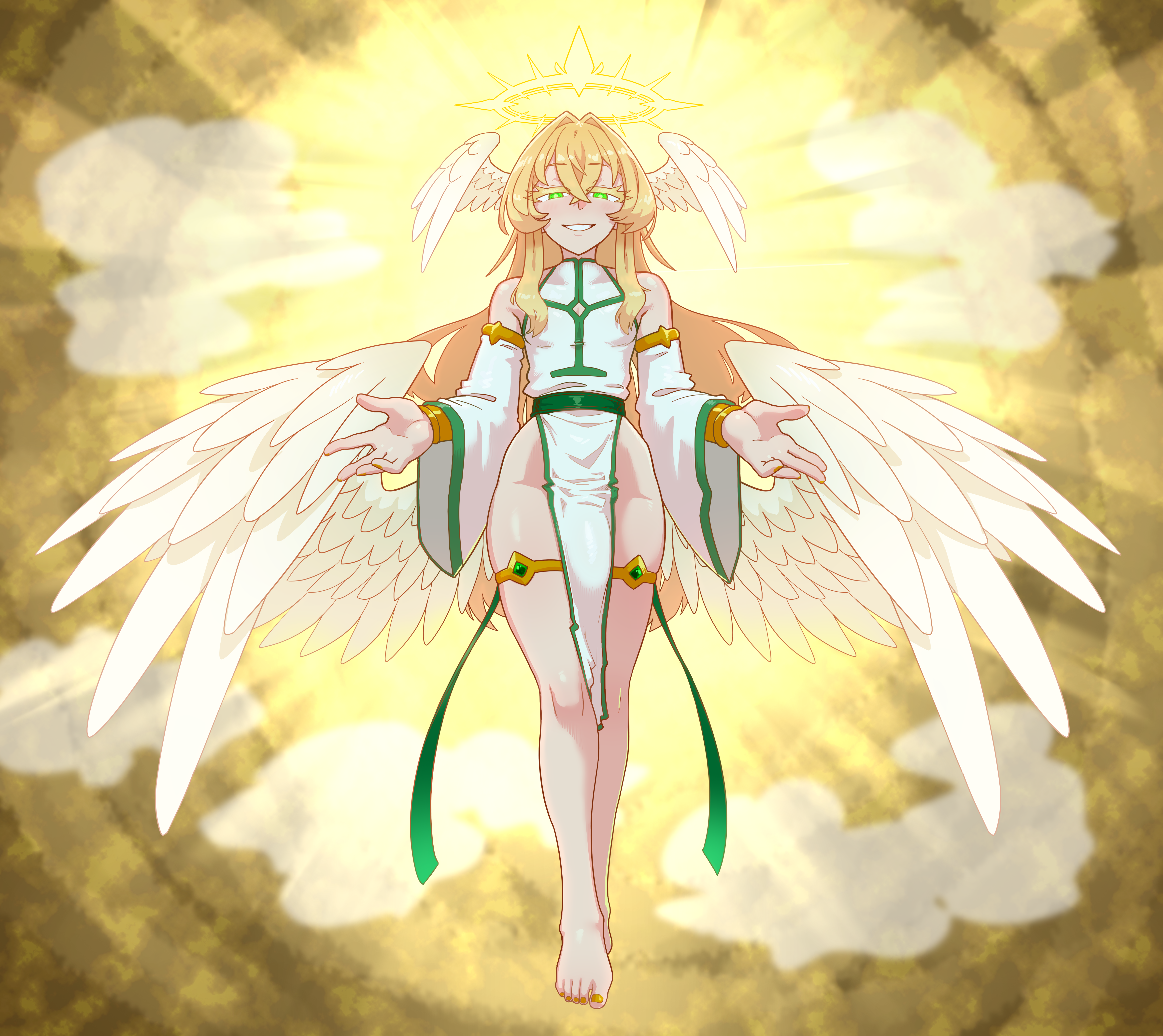 tenk, original, absurdres, highres, 1boy, angel, angel wings, barefoot, blonde hair, bracelet, bulge, detached sleeves, gold bracelet, gold thighlet, green eyes, grin, halo, head wings, jewelry, long hair, smile, solo, thick thighs, thighlet, thighs, wide hips, wings
