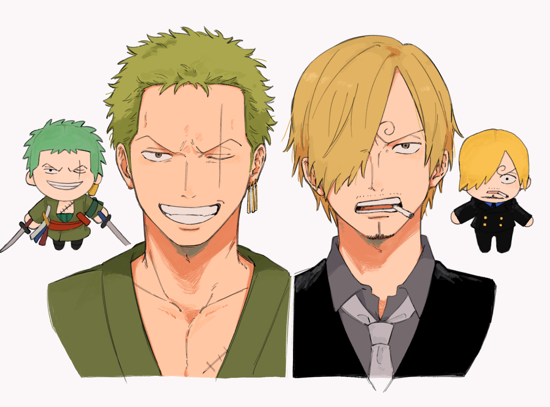iqracha, roronoa zoro, sanji (one piece), one piece, highres, 2boys, black jacket, blonde hair, character doll, cigarette, collared shirt, cropped torso, curly eyebrows, doll, earrings, facial hair, goatee, green hair, grey shirt, grin, hair over one eye, jacket, jewelry, male focus, multiple boys, mustache stubble, necktie, scar, scar across eye, scar on face, shirt, short hair, simple background, smile, smoking, stubble, white necktie