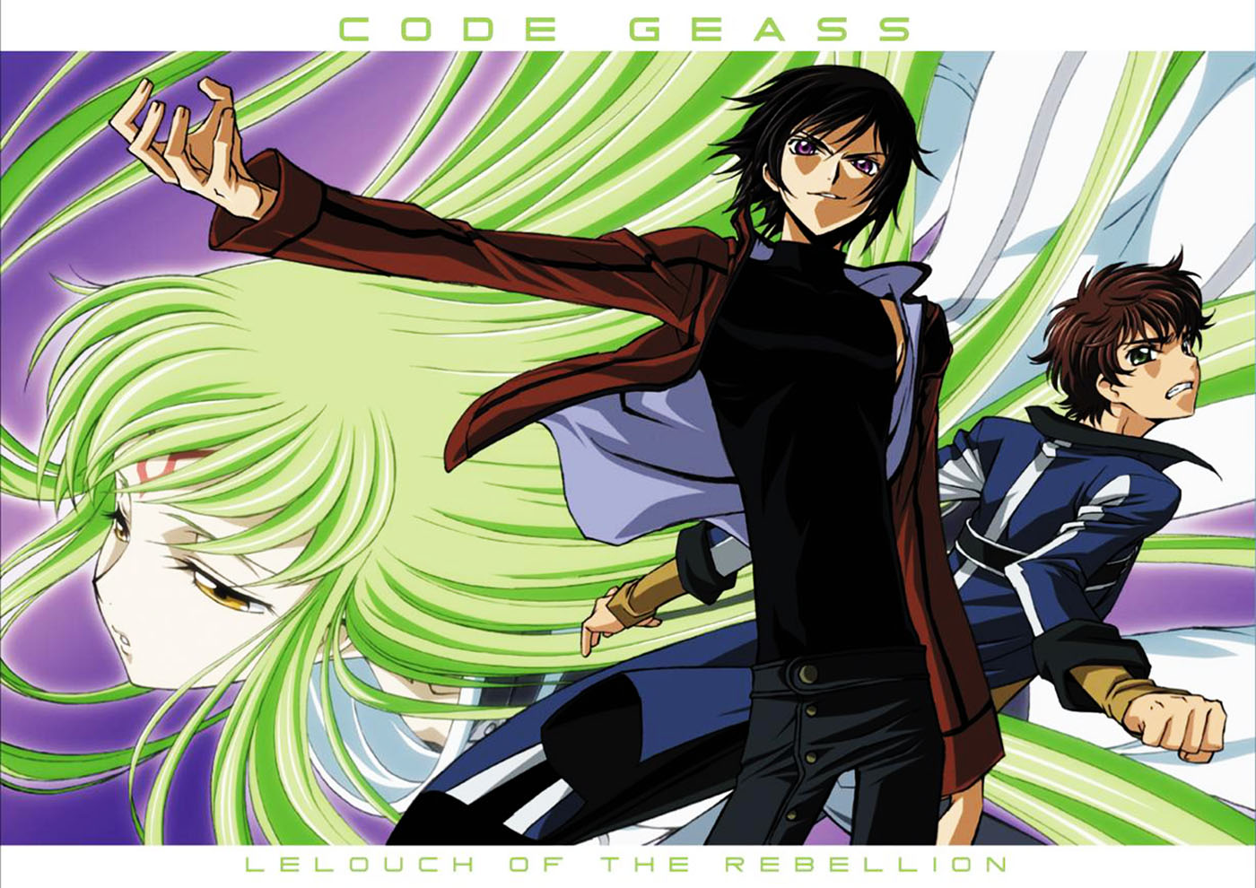 kimura takahiro, c.c., kururugi suzaku, lelouch vi britannia, code geass, 00s, 1girl, 2boys, black hair, brown hair, green eyes, green hair, long hair, multiple boys, purple eyes, yellow eyes