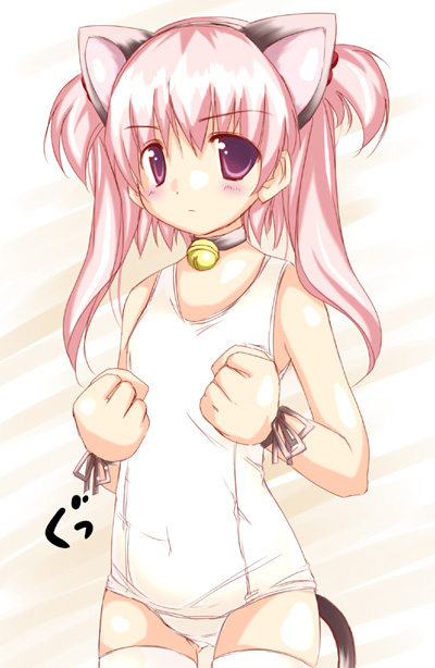 yumesato makura, original, animal ears, cat ears, one-piece swimsuit, school swimsuit, solo, swimsuit, white one-piece swimsuit, white school swimsuit