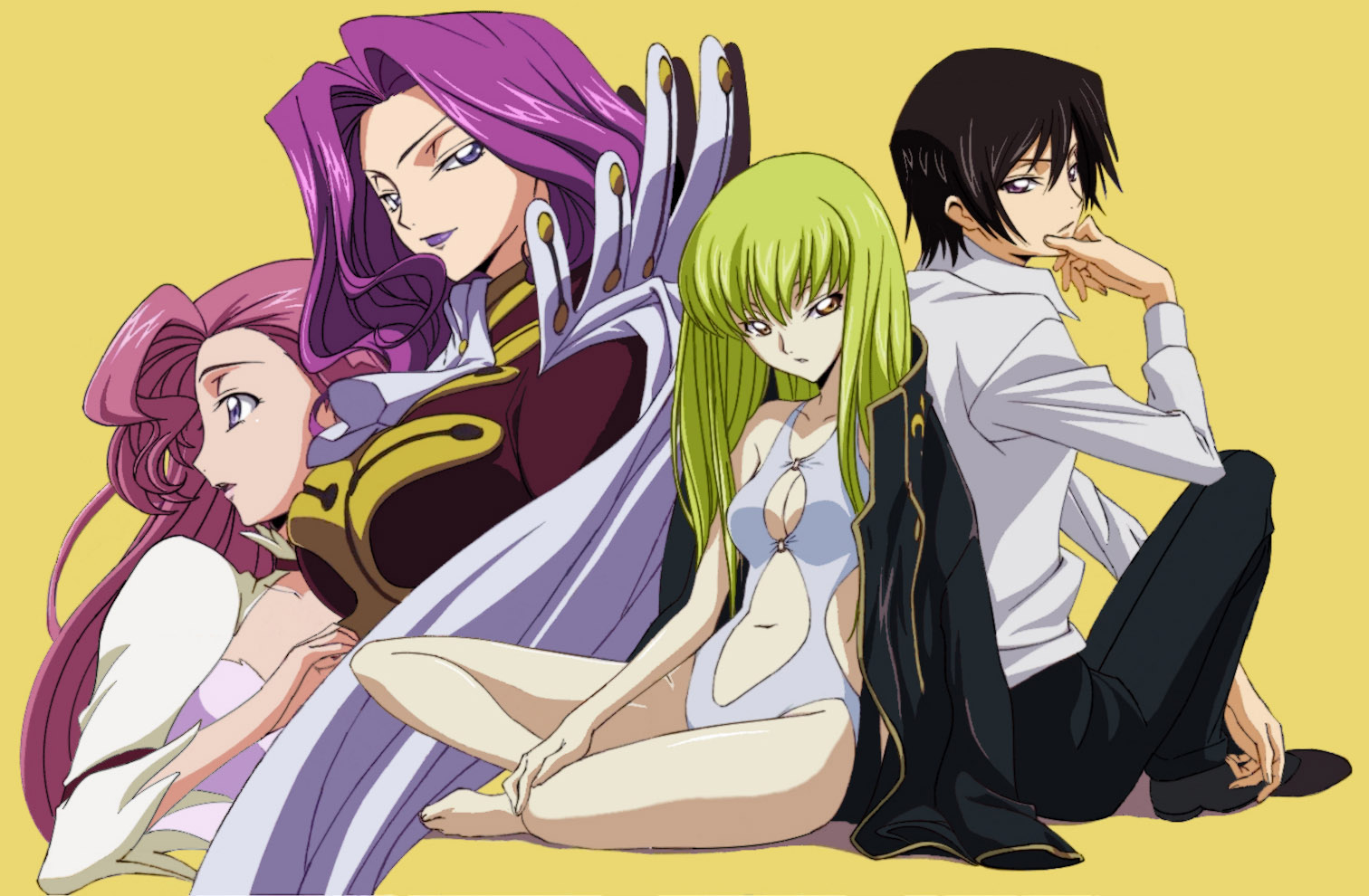 chiba yuriko, tabata hisayuki, c.c., cornelia li britannia, euphemia li britannia, lelouch vi britannia, code geass, official art, 00s, 3girls, :o, back-to-back, barefoot, black hair, breasts, cape, casual one-piece swimsuit, center opening, cleavage, cleavage cutout, clothing cutout, dress, green hair, hand on own chin, indian style, jacket, large breasts, long hair, midriff, multiple girls, naughty face, navel, one-piece swimsuit, open clothes, open jacket, open mouth, pink hair, purple eyes, purple hair, school uniform, serafuku, short hair, siblings, simple background, sisters, sitting, smile, stroking own chin, swimsuit, turtleneck, white one-piece swimsuit, yellow eyes