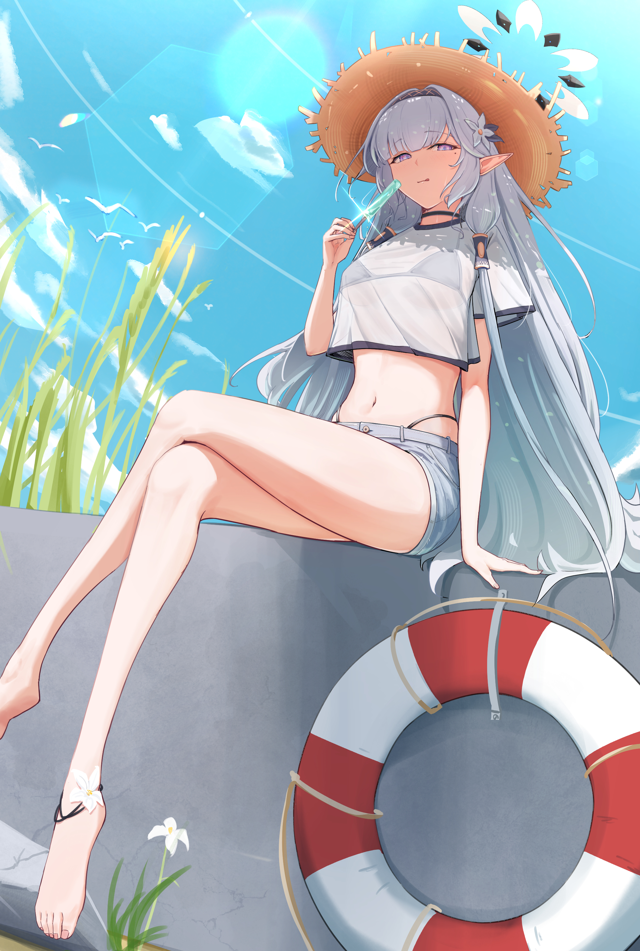 mola (mola526), himari (blue archive), blue archive, absurdres, highres, 1girl, alternate costume, bikini, black bikini, black hairband, crop top, crossed legs, denim, denim shorts, earclip, food, hair tubes, hairband, halo, hat, holding, holding food, holding popsicle, long hair, looking at viewer, mole, mole under eye, multicolored halo, pointy ears, popsicle, shirt, shorts, sitting, solo, straw hat, swimsuit, two-tone halo, white hair, white halo, white shirt