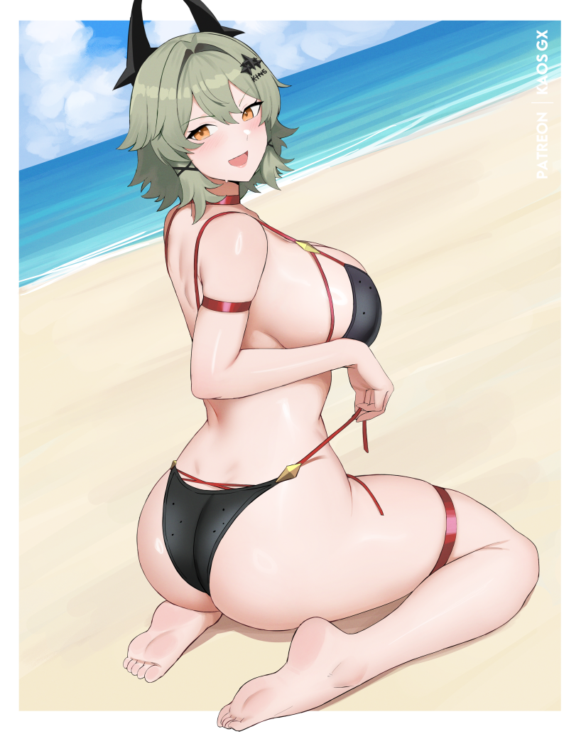 kaos art, caesar king (zenless zone zero), zenless zone zero, 1girl, :d, armband, artist name, ass, barefoot, beach, bikini, bikini bottom pull, black bikini, breasts, choker, green hair, hair intakes, hair ornament, huge breasts, looking back, open mouth, orange eyes, outdoors, patreon username, red armband, red choker, sand, short hair, side-tie bikini bottom, sitting, smile, solo, sunlight, swimsuit, thighs, toes, wariza, water