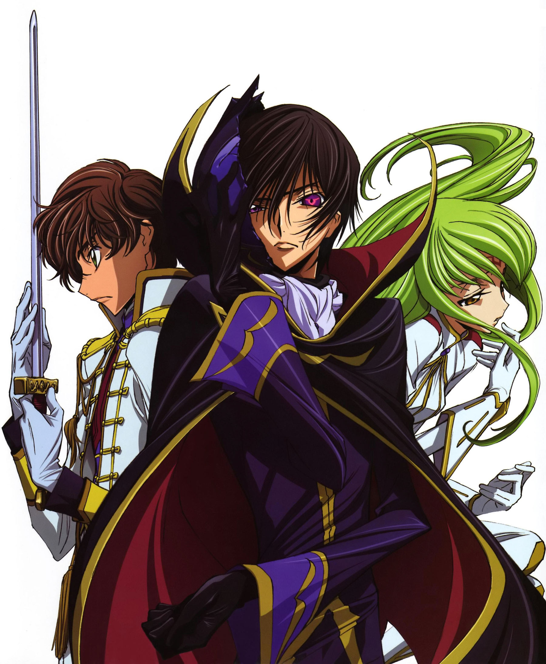 chiba yuriko, c.c., kururugi suzaku, lelouch vi britannia, code geass, uniform, highres, 00s, 1girl, 2boys, black hair, brown hair, cape, green eyes, long hair, multiple boys, purple eyes, sword, weapon, yellow eyes