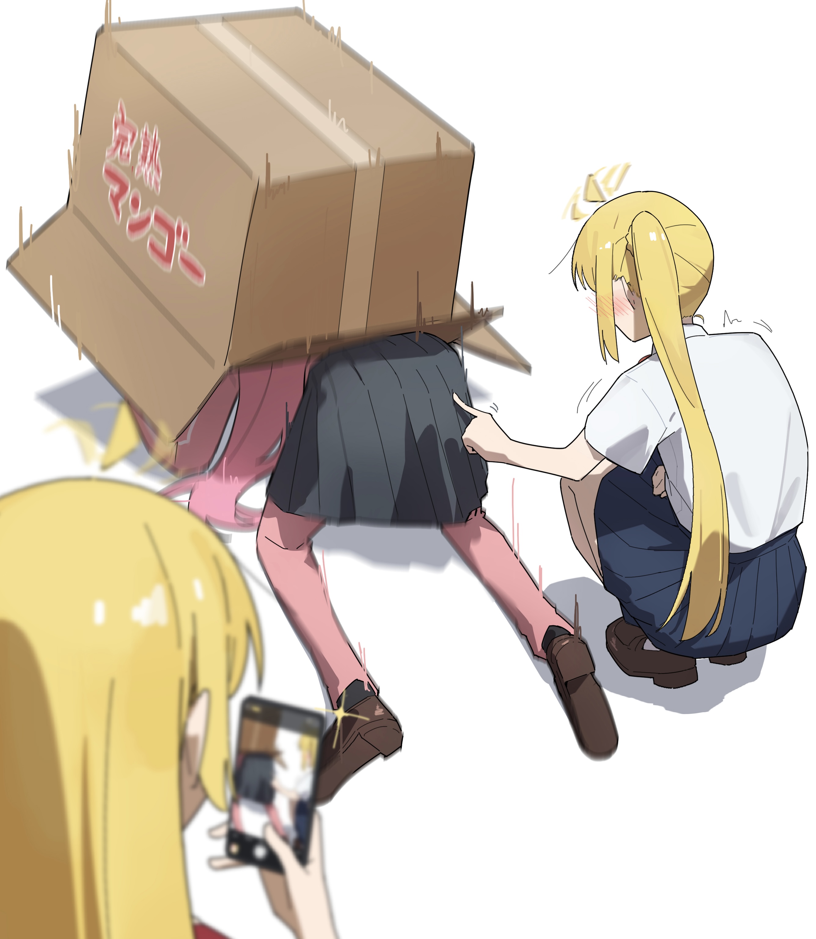 seisyuntarotto, gotoh hitori, ijichi nijika, ijichi seika, bocchi the rock!, absurdres, commentary request, highres, 3girls, ahoge, ahoge wag, black socks, blonde hair, blue skirt, blurry, blurry foreground, box, brown shoes, collared shirt, expressive hair, grey skirt, holding, holding phone, long hair, multiple girls, pants, pants under skirt, phone, pink hair, pink pants, pleated skirt, recording, shirt, shoes, short sleeves, side ponytail, simple background, skirt, socks, trembling, white background, white shirt