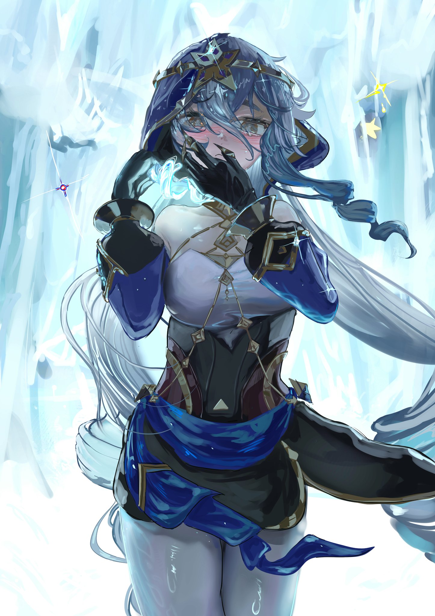 layla (genshin impact), genshin impact, commentary, highres, 1girl, bare shoulders, black gloves, blue hair, blue hood, blue sleeves, bracelet, breasts, bright pupils, claw ring, cowboy shot, detached sleeves, drill hair, drill sidelocks, floating, frost, gloves, gold shoes, gold trim, hand on own face, high heels, hood, hood up, jewelry, juliet sleeves, knees up, long hair, long sleeves, pantyhose, pointy ears, puffy sleeves, shirt, shoes, sidelocks, small breasts, solo, thighlet, twin drills, uwaaatsutsuaa, very long hair, wet, wet clothes, white pantyhose, white pupils, white shirt, yellow eyes