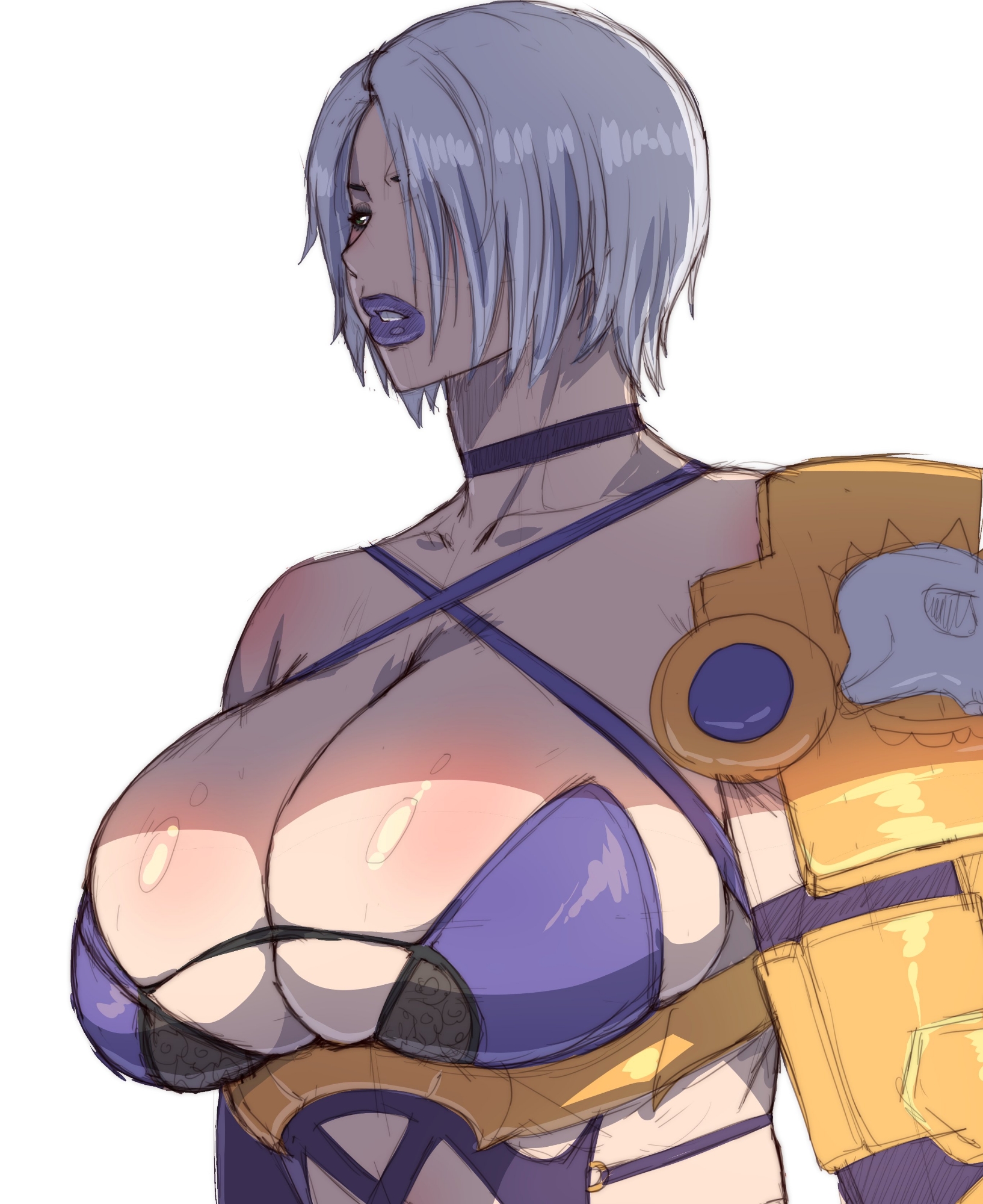 simmsy, isabella valentine, highres, 1girl, armor, breasts, choker, cleavage, hair over one eye, short hair, single bare shoulder, solo, white background
