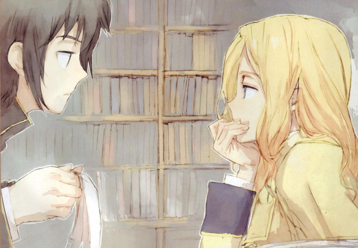 toi8, lelouch vi britannia, milly ashford, code geass, scan, 00s, black hair, blonde hair, blue eyes, book, covering own mouth, eye contact, hand over own mouth, looking at another, school uniform, serafuku, staring