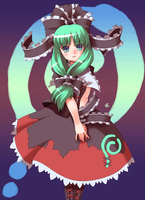 yukimura tsubame, kagiyama hina, touhou, bad id, bad pixiv id, jpeg artifacts, 1girl, arm ribbon, blush, boots, bow, female focus, front ponytail, green eyes, green hair, hair bow, hair ribbon, lace-up boots, long hair, matching hair/eyes, multicolored eyes, purple eyes, ribbon, smile, solo, v arms