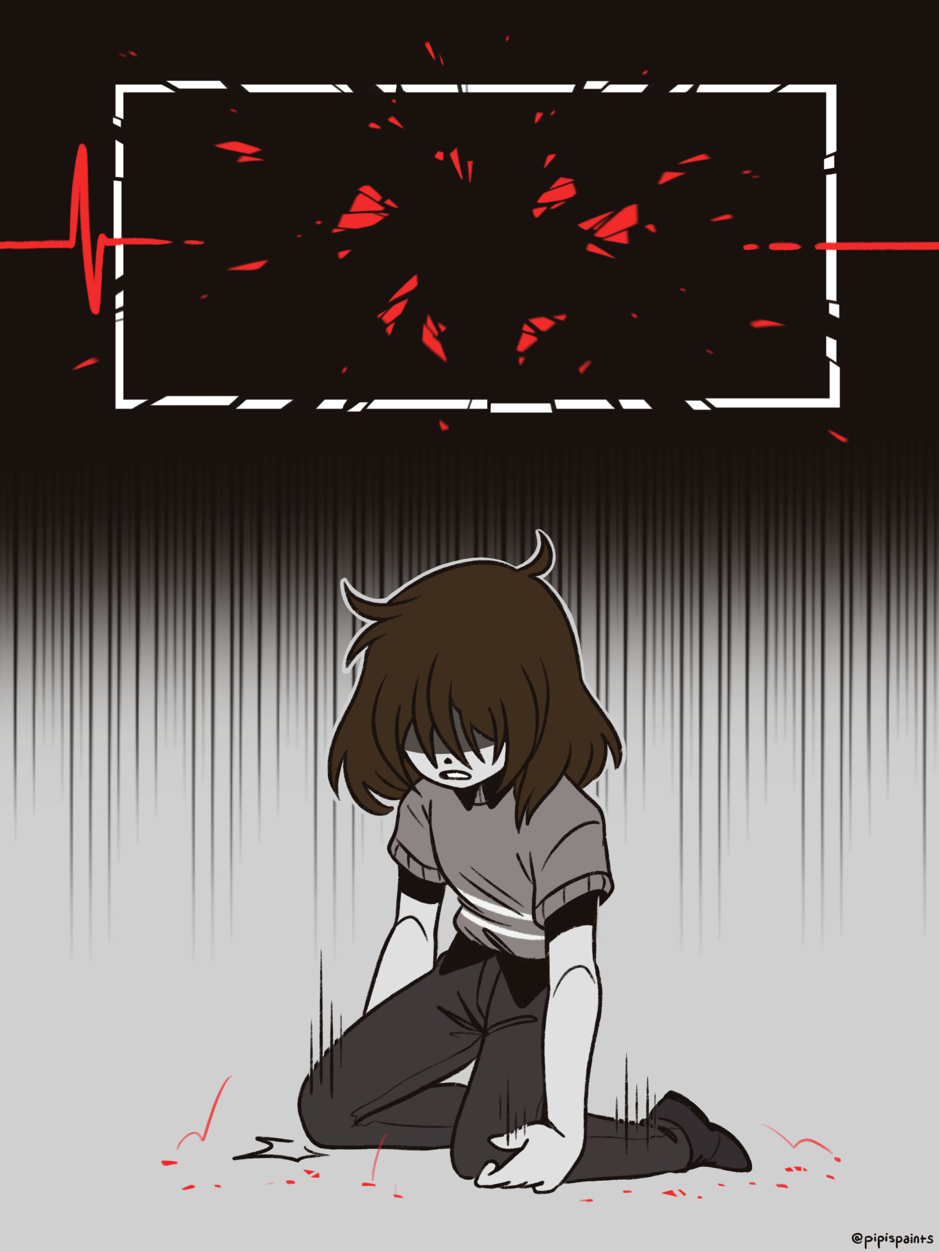 soul (deltarune), vessel (deltarune), deltarune, utdr (toby fox), absurdres, highres, 1girl, black pants, black shoes, brown hair, grey sweater, kneeling, open mouth, pants, partially shaded face, pipispaints, shoes, short hair, solo, sweater, teeth, twitter username, undershirt