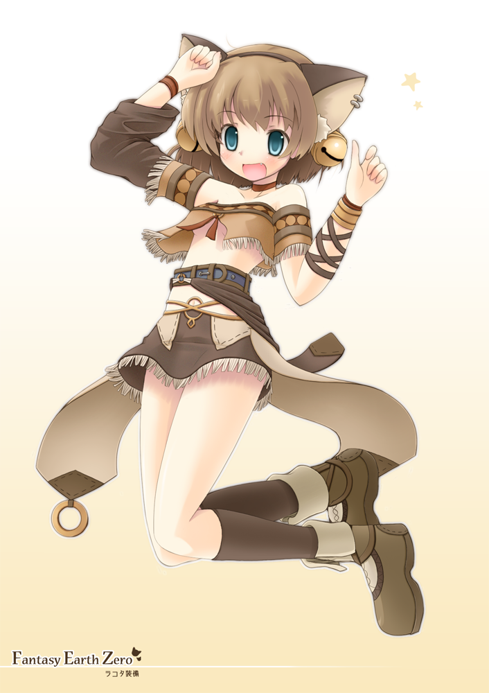 komone ushio, fantasy earth zero, 1girl, animal ears, bell, blue eyes, breasts, brown hair, cat ears, fang, female focus, jingle bell, kneehighs, midriff, navel, short hair, small breasts, socks, solo, ukomone, underboob