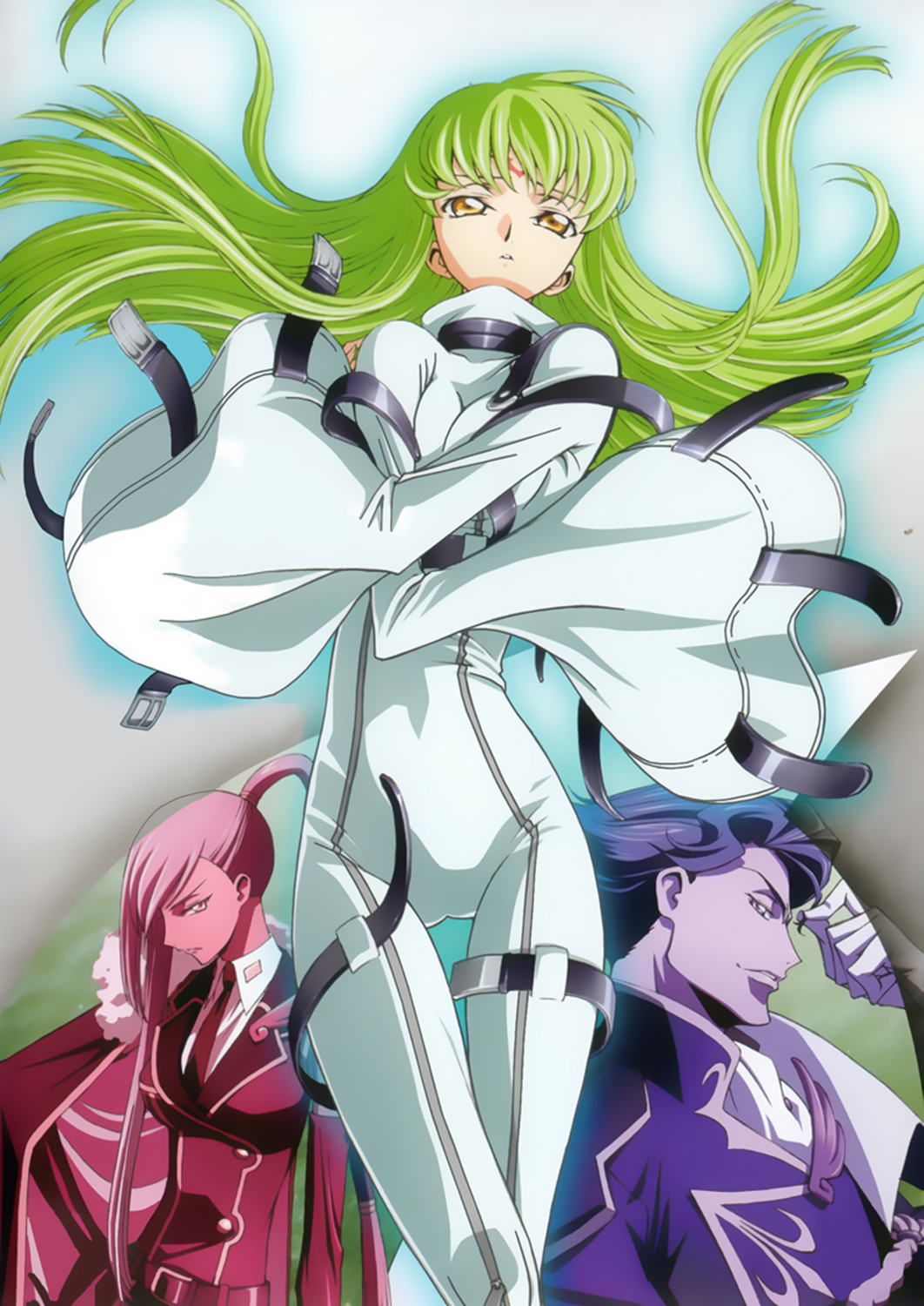 kimura takahiro, c.c., jeremiah gottwald, villetta nu, code geass, highres, scan, 00s, 1boy, 2girls, bodysuit, green hair, long hair, multiple girls, thigh gap, thighs, yellow eyes