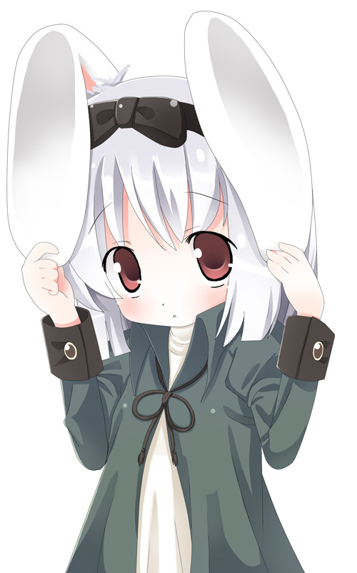 omiso, omiso (omiso), konpaku youmu, touhou, 1girl, :<, alternate costume, animal ears, blush, brown eyes, female focus, hairband, hand on own ear, kemonomimi mode, pulling own ear, rabbit ears, short hair, simple background, solo, white background, white hair