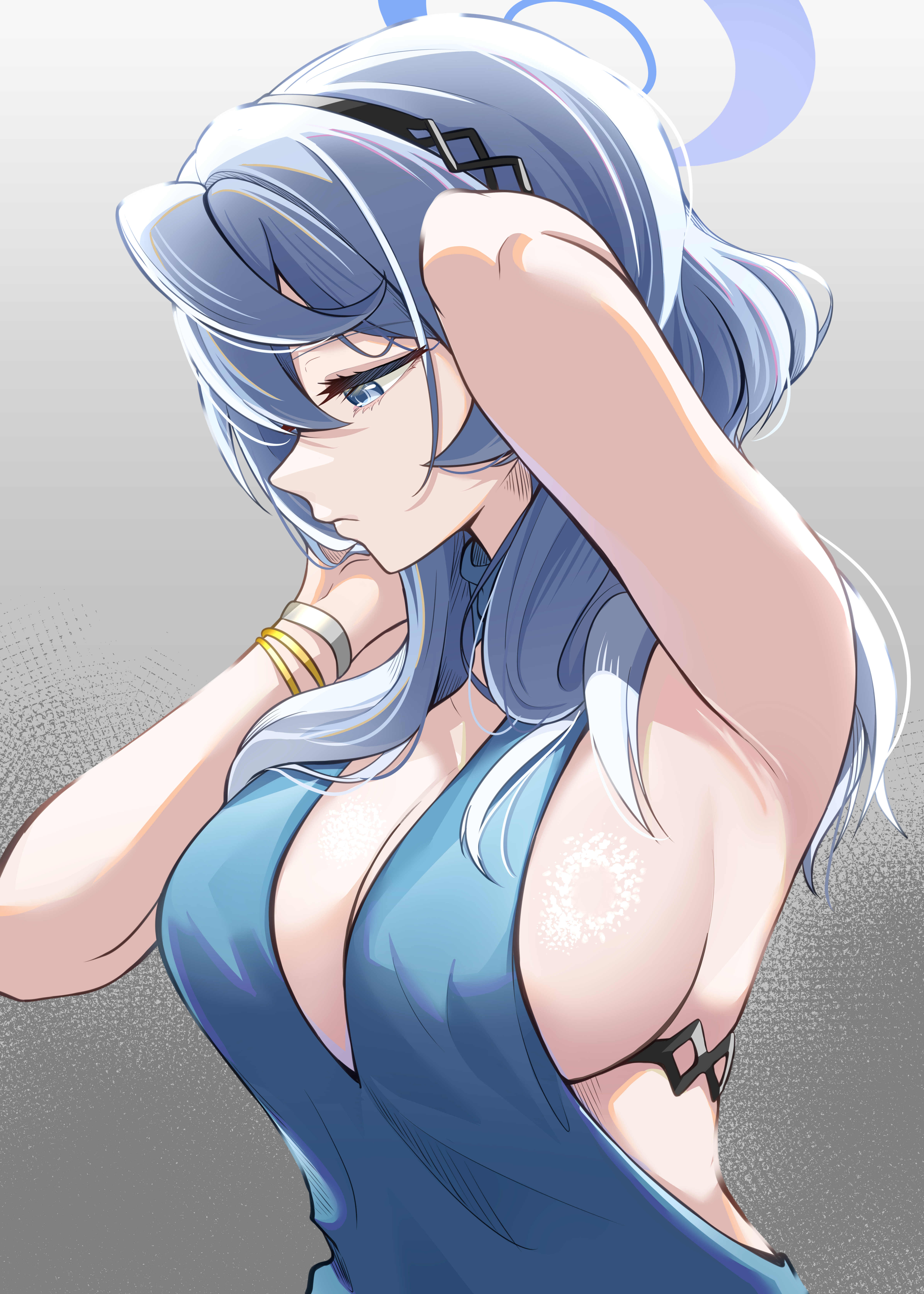 shiraae quartet, ako (blue archive), ako (dress) (blue archive), blue archive, absurdres, highres, 1girl, aqua dress, aqua eyes, aqua hair, aqua halo, armpits, breasts, cleavage, closed mouth, dress, halo, large breasts, medium hair, official alternate costume, official alternate hairstyle, sideboob, sleeveless, sleeveless dress, solo