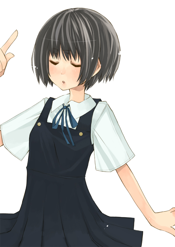 tukimiti, original, 1girl, :o, black dress, buttons, closed eyes, dress, female focus, index finger raised, parted lips, pointing, pointing up, school uniform, serafuku, shirt, short hair, simple background, solo, white background, white shirt